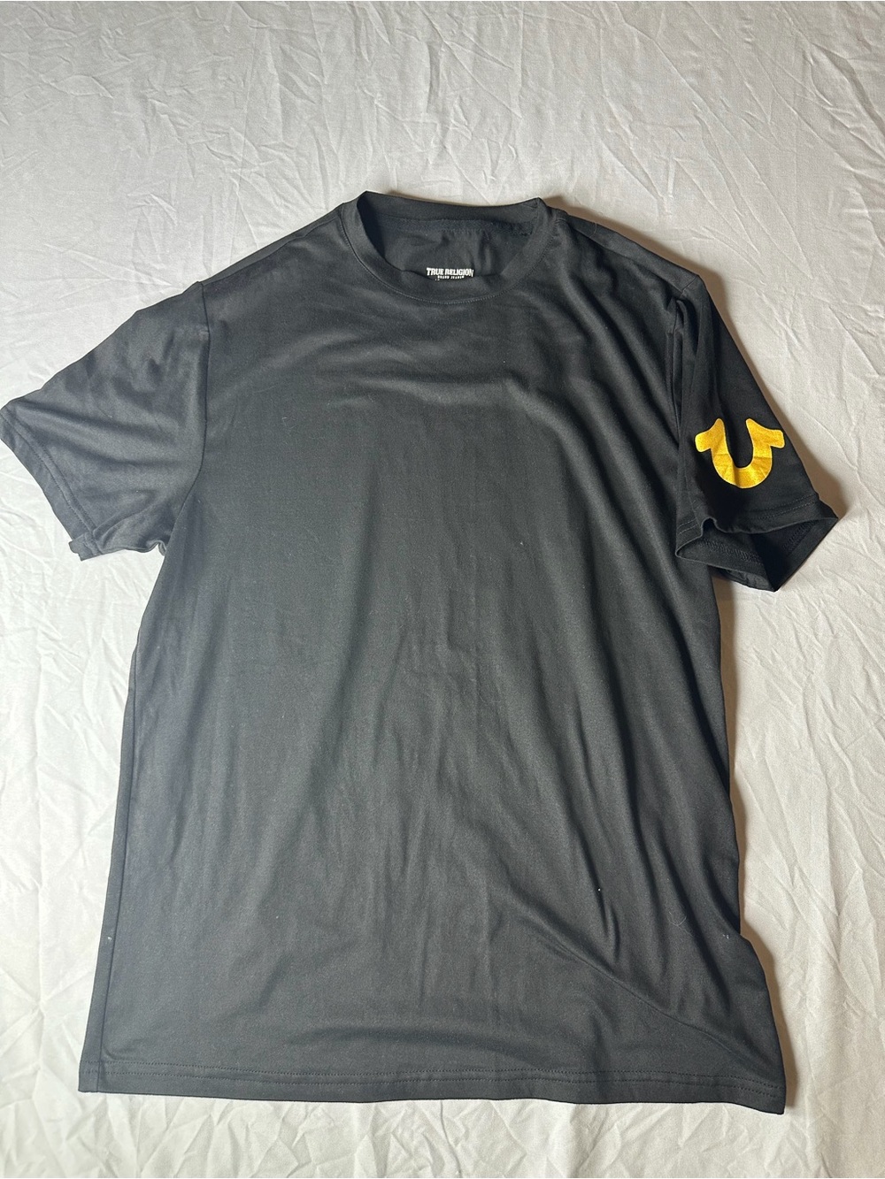 True Religion Black Short Sleeve Tee with Yellow Sleeve Logo